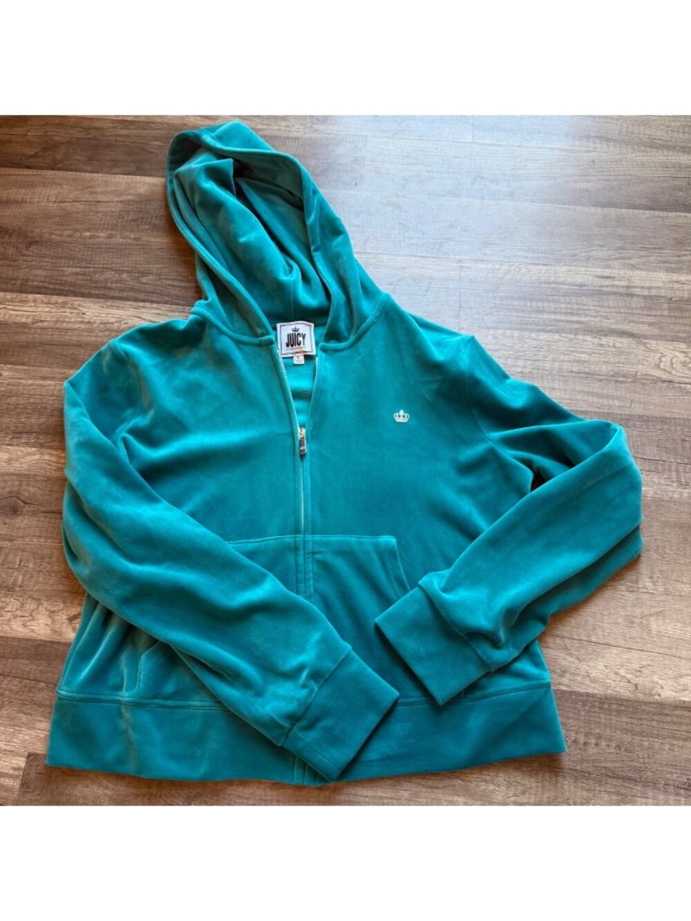 Juicy Couture Teal Velour Zip-Up Hoodie With Rhinestone Crown Logo & Back Detail
